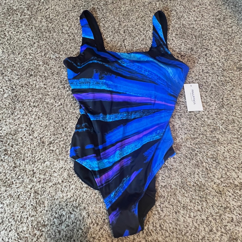 Fullfitall Women Blue Purple Abstract Brushstroke One Piece Swimsuit Size 16 NEW